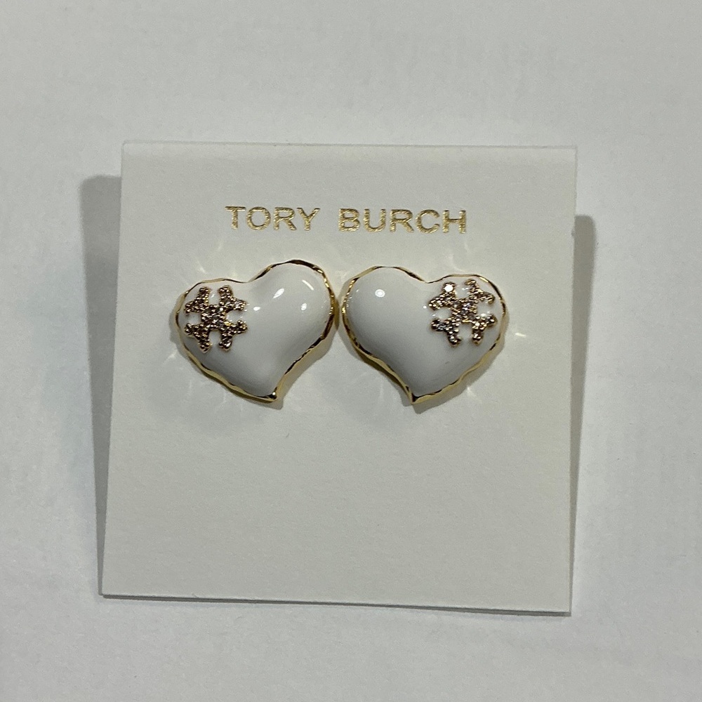 Tory Burch White Enamel Heart Logo Stud Earrings with Gold Trim